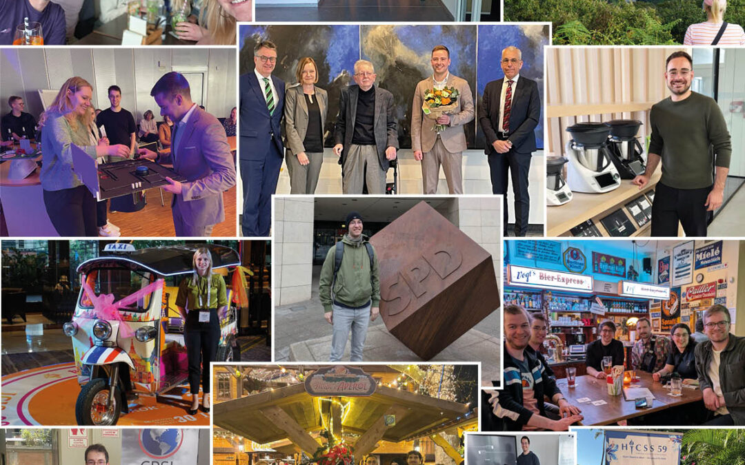 Kollage aus Fotos, Stipendiat*innen der GSofLog bei sozialen Events, Promotionsprüfungen, zu Besuch beim Förderer oder auf wissenschaftlichen Konferenzen