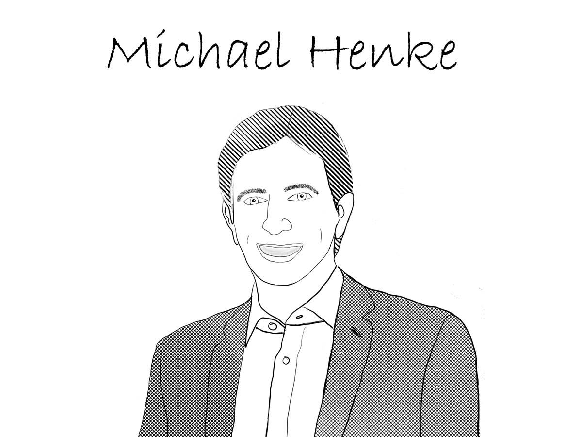 Schwarz-weiß Zeichnung von Prof. Michael Henke, Mann mit kurzen Haaren, lächelt, trägt Anzug und Hemd