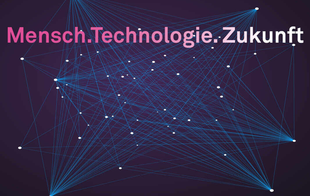 Punkte werden verbunden durch digitale Linien und bilden ein Ökosystem oder ein neuronales Netzwerk, blauer Hintergrund