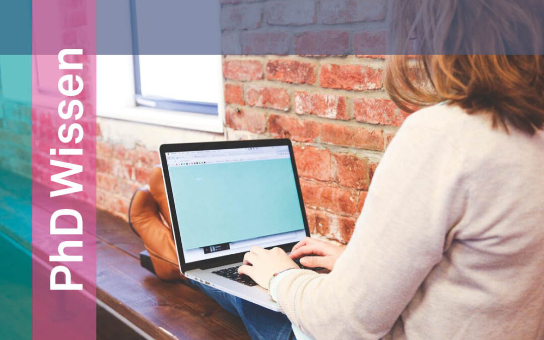 Frau sitzt auf Holzbank, Laptop auf den Knien, braune Haare, beige Strickjacke, Schriftzug: PhD Wissen, Graduate School of Logistics