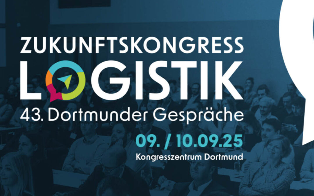 Illustration, blauer Hintergrund, Schriftzug: Zukunftskongress Logistik, Sprechblase mit Pfeil